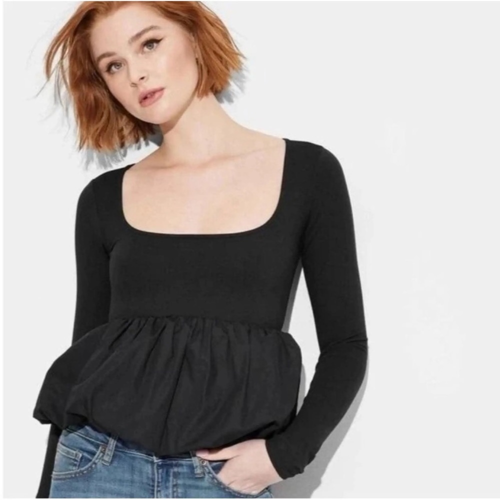 Elegant Black peplum  Long Sleeve Top